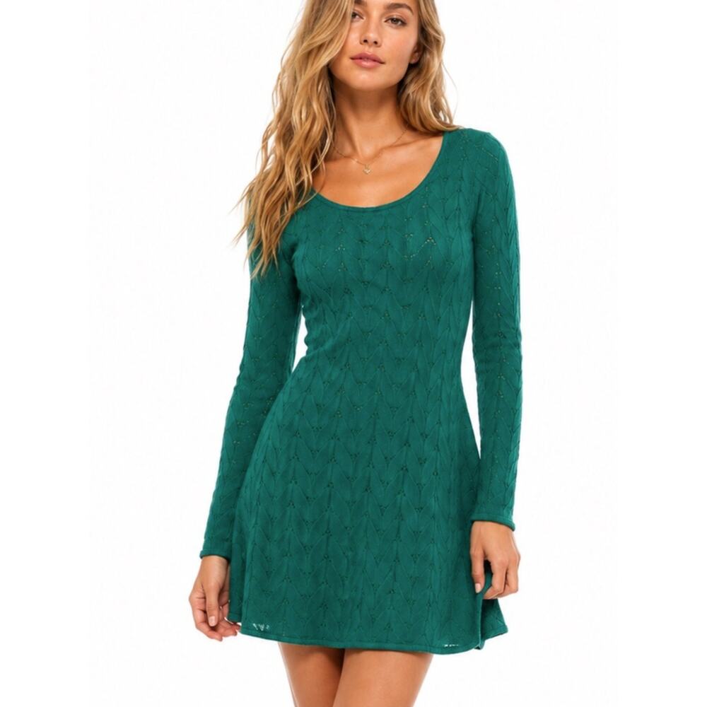 Free People Green Boho Mini Dress Pointelle Knit Long Sleeve Sweater L